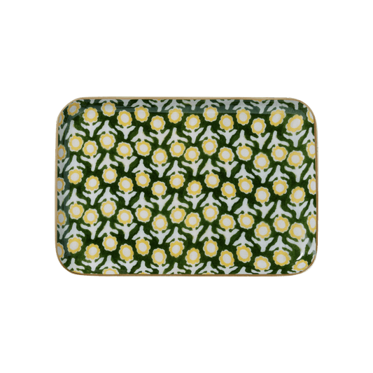 Plateau Bohème Chic avec Fleurs en Métal Émaillé Isha Vert